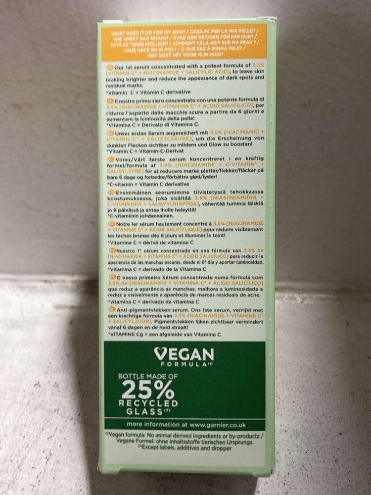 Lot 636  
            Chesterfield SR47 - Parcel Delivery Only 

                
20 X GARNIER SKIN ACTIVE VITAMIN C BRIGHTENING ANTI DARK SPOT SERUM 30ML TOTAL OR... - Image 4