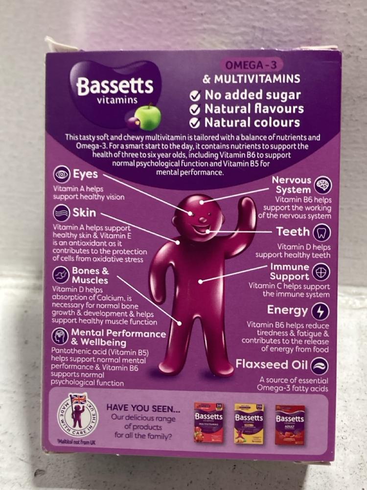 Lot 638  
            Chesterfield SR47 - Parcel Delivery Only 

                
21 X BASSETTS CHILDREN'S 3-6Y VITAMINS BLACKCURRANT AND APPLE FLAVOUR PACK OF 30 ...