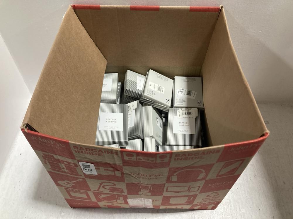 Lot 643  
            Chesterfield SR47 - Parcel Delivery Only 

                
BOX OF JOHN LEWIS LEATHER KEYRINGS IN VARIOUS COLOURS TO INCLUDE LEATHER KEYRING ...