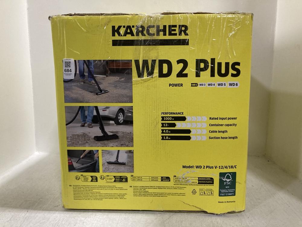 Lot 684  
            Chesterfield SR47 - Parcel Delivery Only 

                
KARCHER WD2 PLUS WET AND DRY VACUUM CLEANER (LOCATION: G8)