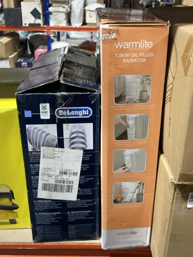 Lot 688  
            Chesterfield SR47 - Parcel Delivery Only 

                
DELONGHI MINI ELECTRIC OIL FILLED RADIATOR TO INCLUDE WARMLITE 1.5KW OIL FILLED R...