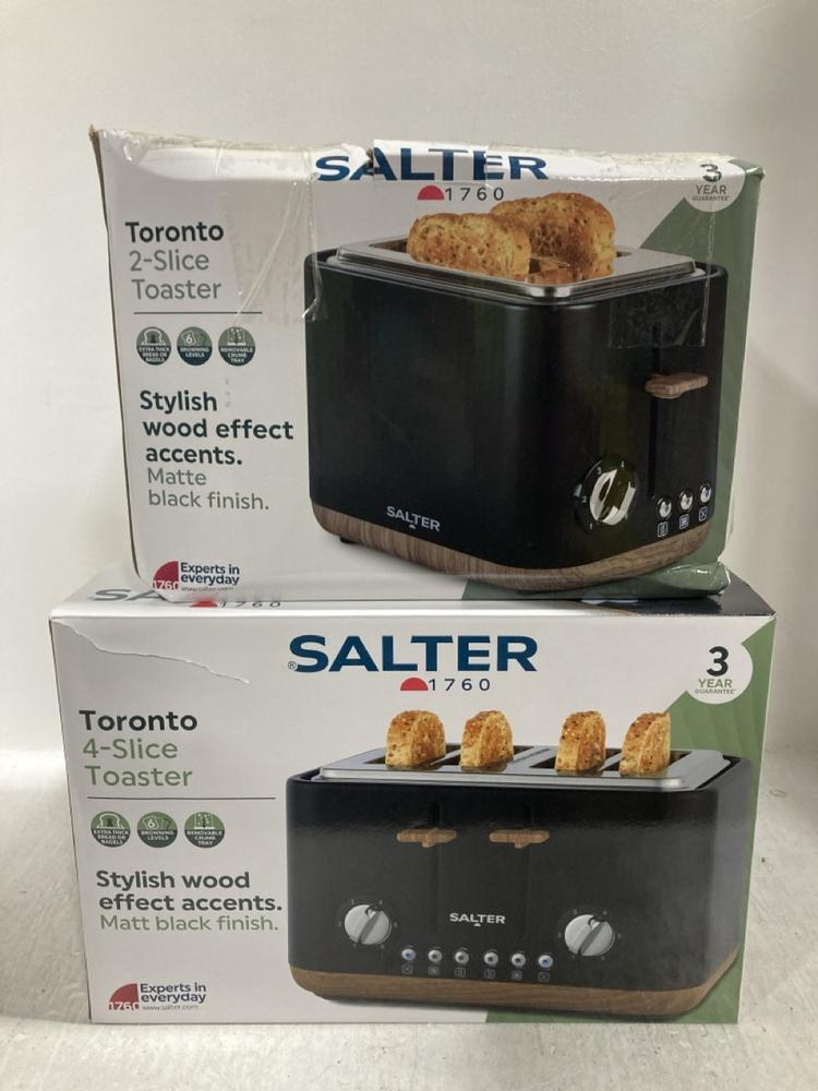 Lot 691  
            Chesterfield SR47 - Parcel Delivery Only 

                
SALTER TORONTO FOUR SLICE TOASTER TO INCLUDE SALTER TORONTO TWO SLICE TOASTER (LO...