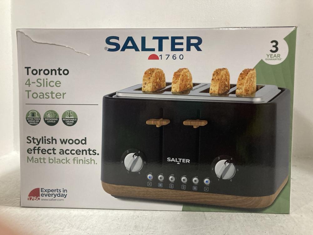 Lot 691  
            Chesterfield SR47 - Parcel Delivery Only 

                
SALTER TORONTO FOUR SLICE TOASTER TO INCLUDE SALTER TORONTO TWO SLICE TOASTER (LO...