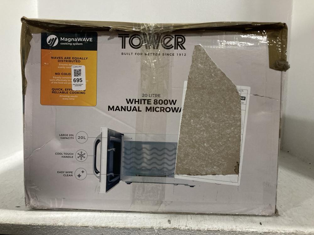 Lot 695  
            Chesterfield SR47 - Parcel Delivery Only 

                
TOWER 800W 20L MICROWAVE OVEN (LOCATION: G8)