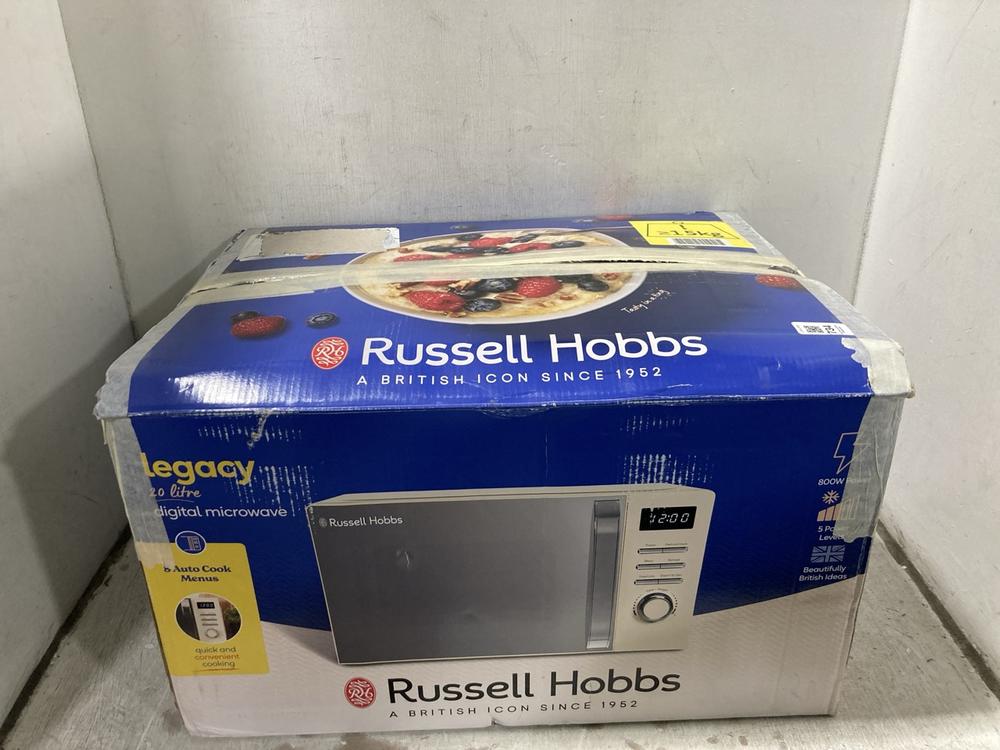 Lot 734  
            Chesterfield SR47 - Parcel Delivery Only 

                
RUSSELL HOBBS LEGACY 20 LITRE DIGIYTAL MICROWAVE (LOCATION: G10)