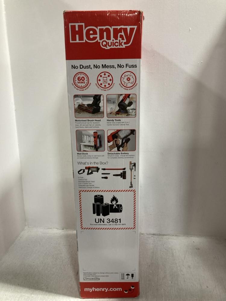 Lot 758  
            Chesterfield SR47 - Parcel Delivery Only 

                
NUMATIC HENRY QUICK CORDLESS VACUUM CLEANER. ORIGINAL RRP £300 (LOCATION: G11)