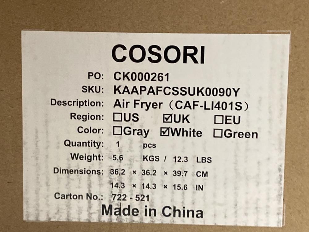 Lot 769  
            Chesterfield SR47 - Parcel Delivery Only 

                
COSORI 3.8L SMART AIR FRYER (LOCATION: H1)