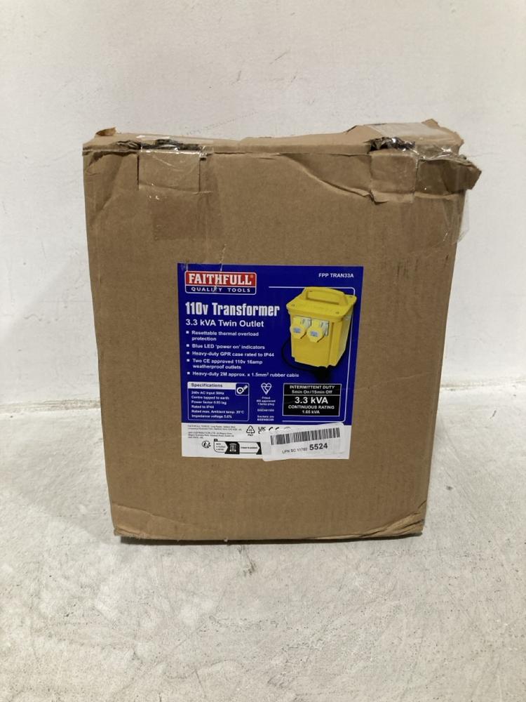 Lot 913  
            Chesterfield SR47 - Parcel Delivery Only 

                
FAITHFULL 110V TRANSFORMER (LOCATION: H3)