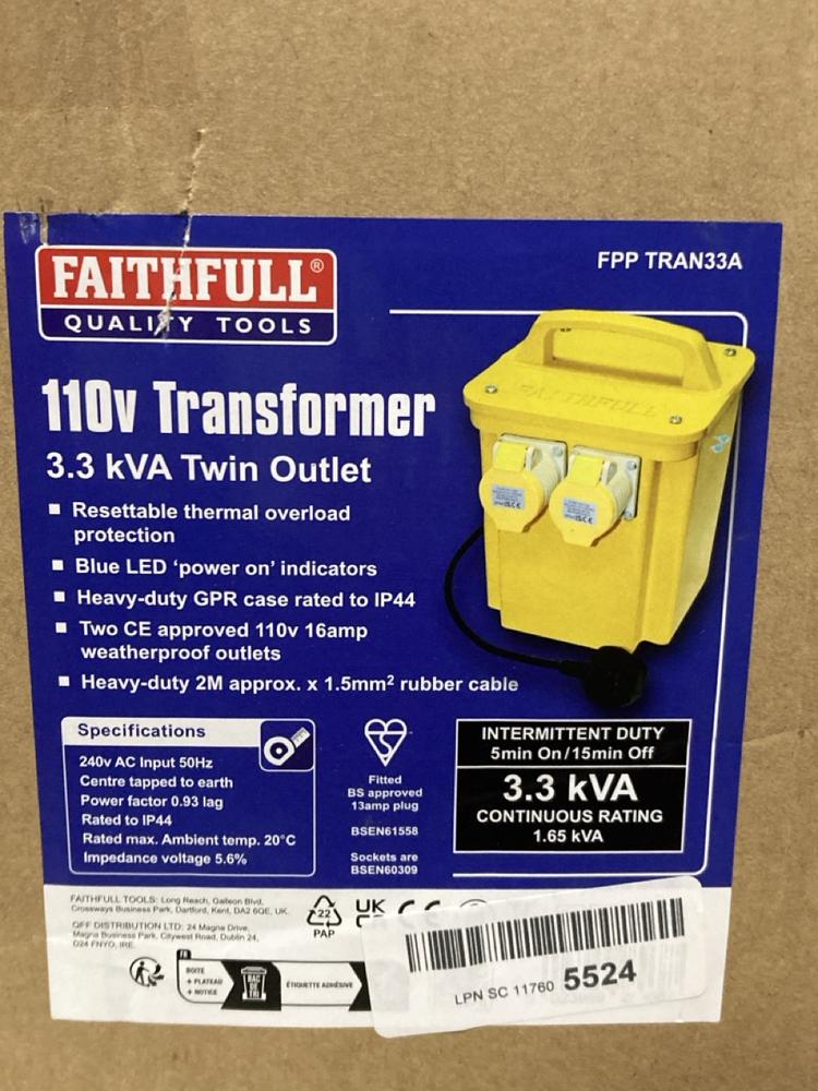 Lot 913  
            Chesterfield SR47 - Parcel Delivery Only 

                
FAITHFULL 110V TRANSFORMER (LOCATION: H3) - Image 4