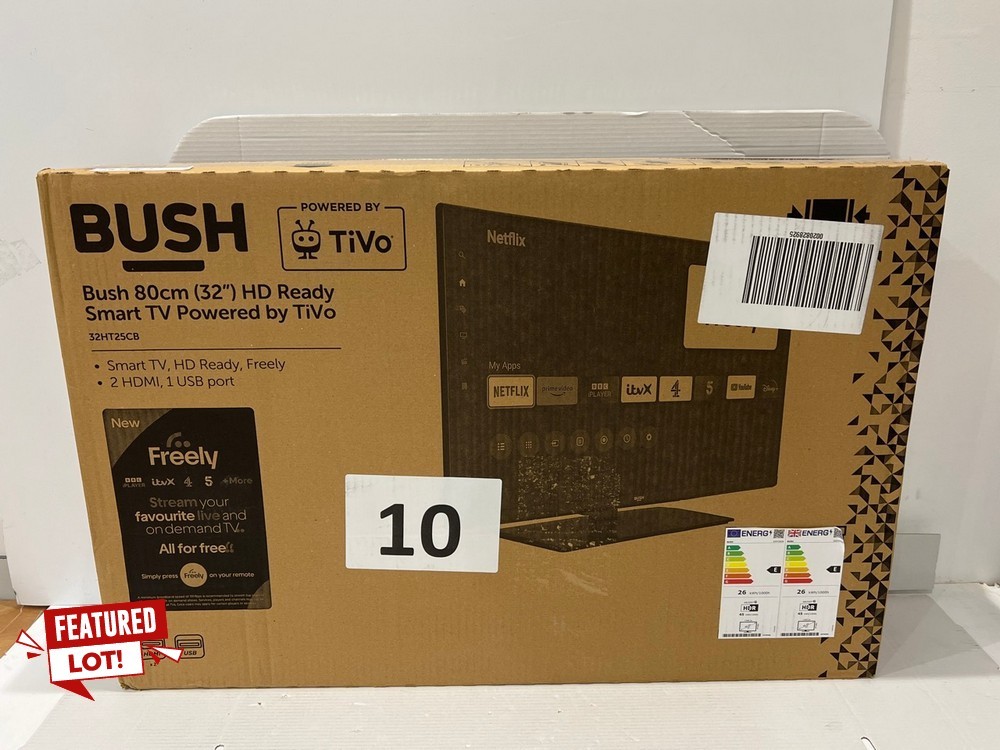 Lot 11  
            Chesterfield Tech - Collection or Optional Delivery Available 

                
BUSH 32HT25CB 32" HDR, SMART TV (ORIGINAL RRP - £209.99): MODEL NO 32HT25CB (WITH...