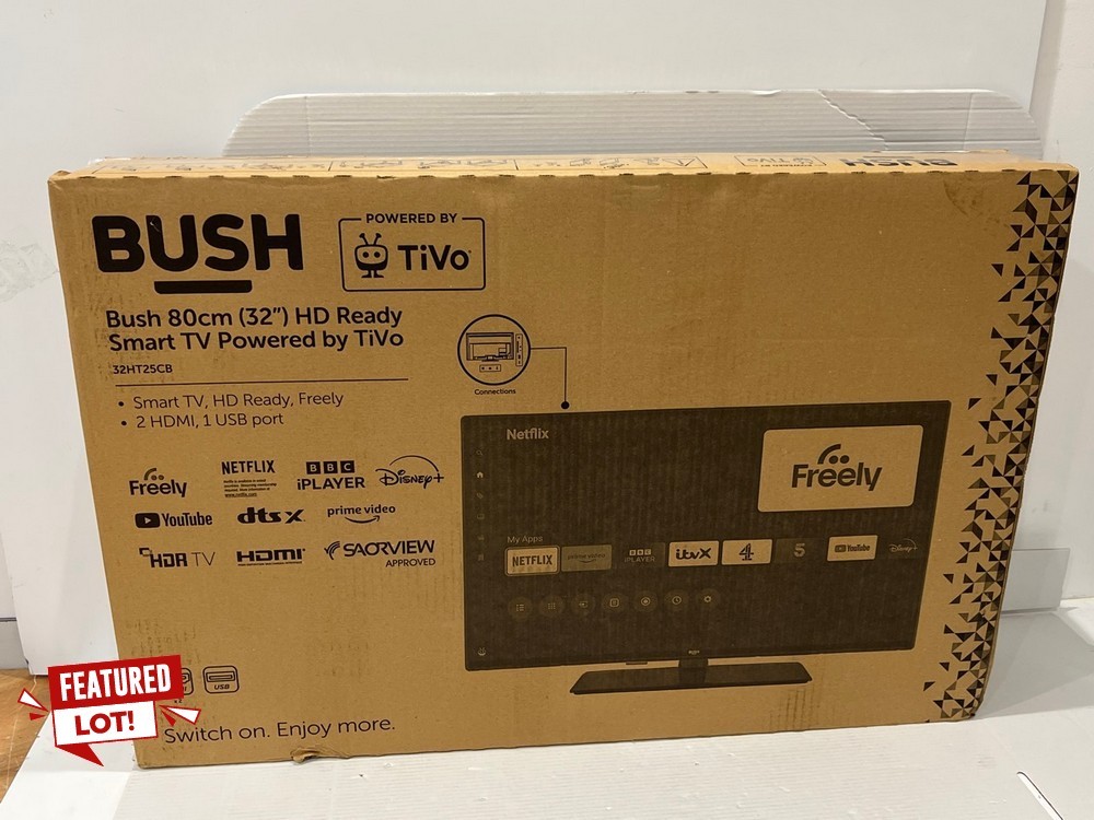 Lot 11  
            Chesterfield Tech - Collection or Optional Delivery Available 

                
BUSH 32HT25CB 32" HDR, SMART TV (ORIGINAL RRP - £209.99): MODEL NO 32HT25CB (WITH...