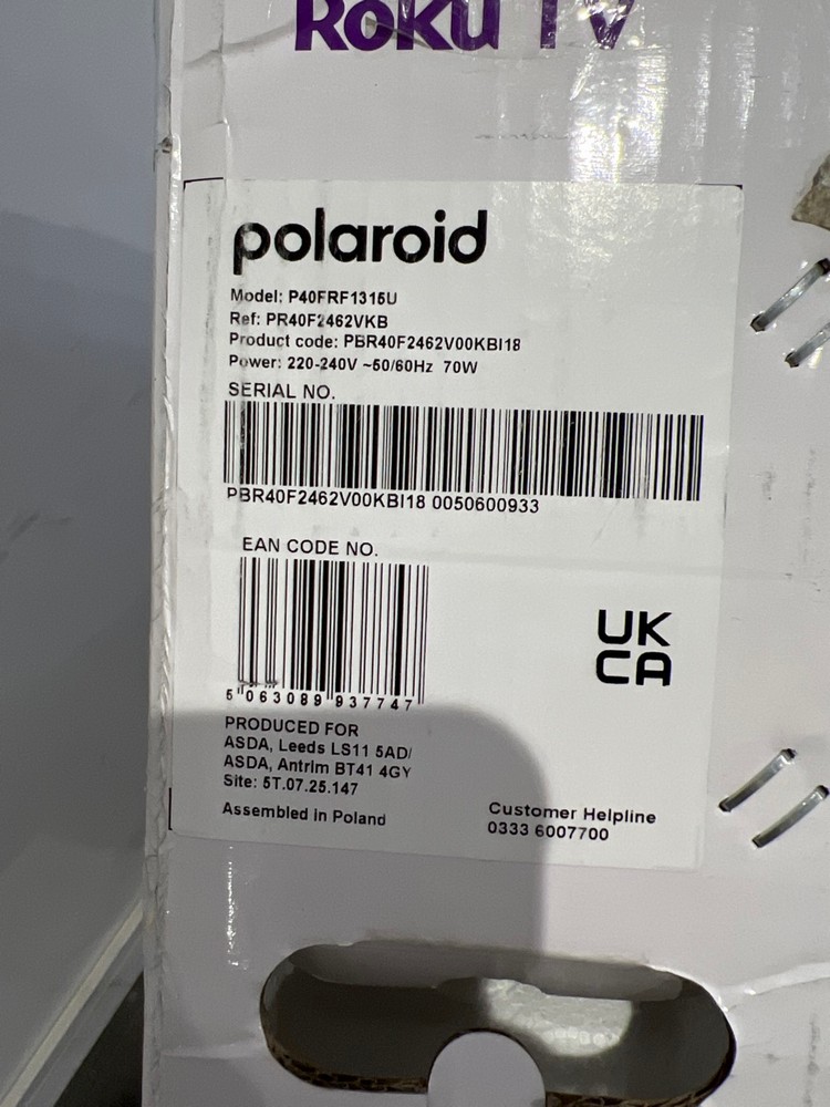 Lot 13  
            Chesterfield Tech - Collection or Optional Delivery Available 

                
POLAROID P40FRF1315U 40" TV. [JPTC88634] (LOCATION: TECH)