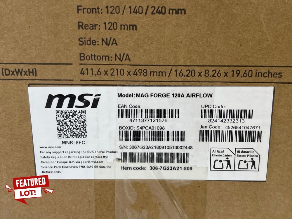 Lot 14  
            Chesterfield Tech - Collection or Optional Delivery Available 

                
MSI MAG FORGE 120A AIRFLOW GAMING PC CASE. (WITH BOX) [JPTC88531] (LOCATION: TECH)