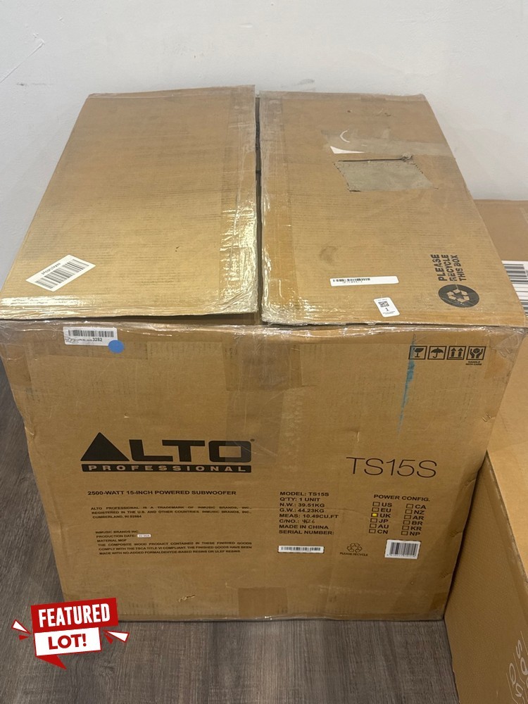 Lot 1  
            Chesterfield Tech - Collection or Optional Delivery Available 

                
ALTO TS15S SPEAKER (ORIGINAL RRP - £539.99) IN BLACK. (WITH BOX) [JPTC89173] (LOC...