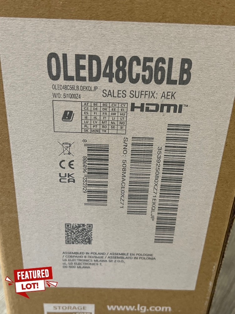 Lot 8  
            Chesterfield Tech - Collection or Optional Delivery Available 

                
LG OLED EVO AI 4K 48" TV (ORIGINAL RRP - £1299): MODEL NO OLED48C56LB (WITH BOX)....