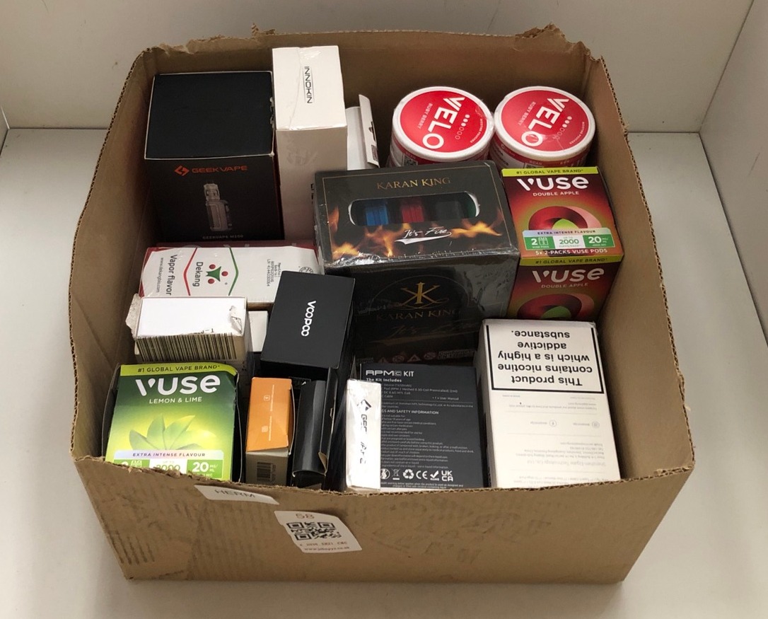 Lot 58  
            Edinburgh SR21 - Collection Only 

                
QUANTITY OF VAPES ITEMS TO INCLUDE VELO RUBY BERRY 10MG 18+ ID REQUIRED - COLLECT...
