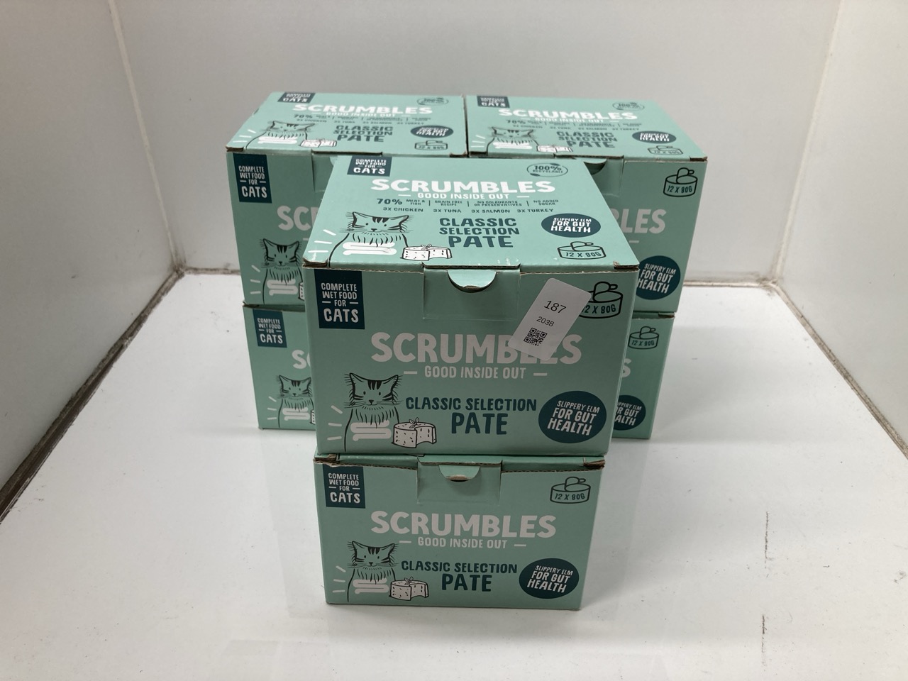 Lot 187  
            Edinburgh SR24 - Delivery Only 

                
6 X SCRUMBLES NATURAL WET CAT FOOD, PATE SELECTION 12X 80G. BBE 03/10/2027: LOCAT...
