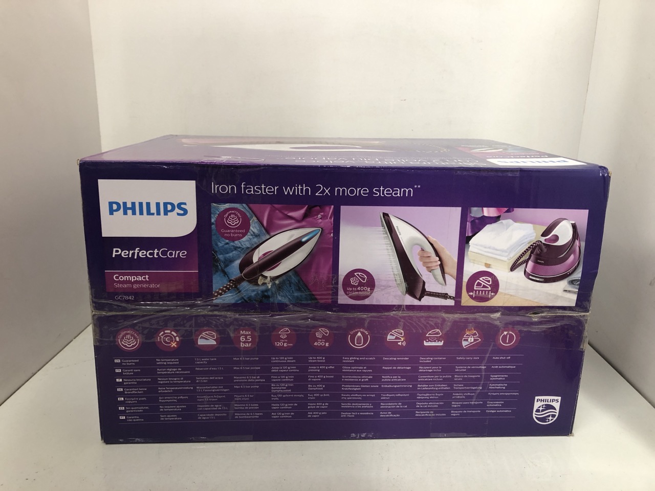 Lot 299  
            Edinburgh SR24 - Delivery Only 

                
PHILIPS PERFECTCARE COMPACT STEAM GENERATOR - 2400W, 400G STEAM BOOST, 6.5 BAR PR...