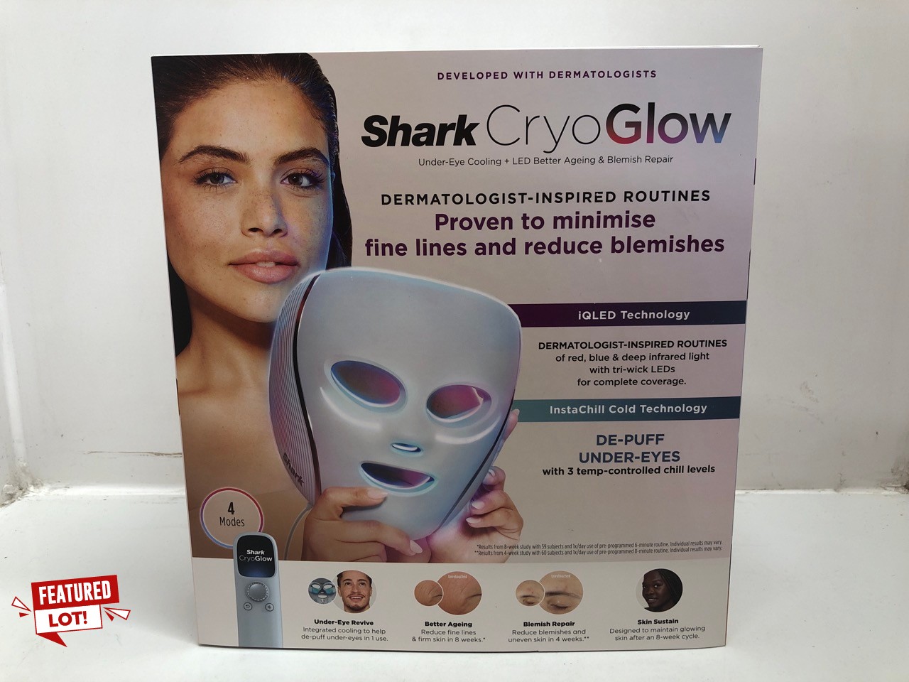 Lot 37  
            Edinburgh SR24 - Delivery Only 

                
SHARK CRYOGLOW LED FACE MASK WITH UNDER-EYE COOLING, ANTI-AGEING & BLEMISH REPAIR...
