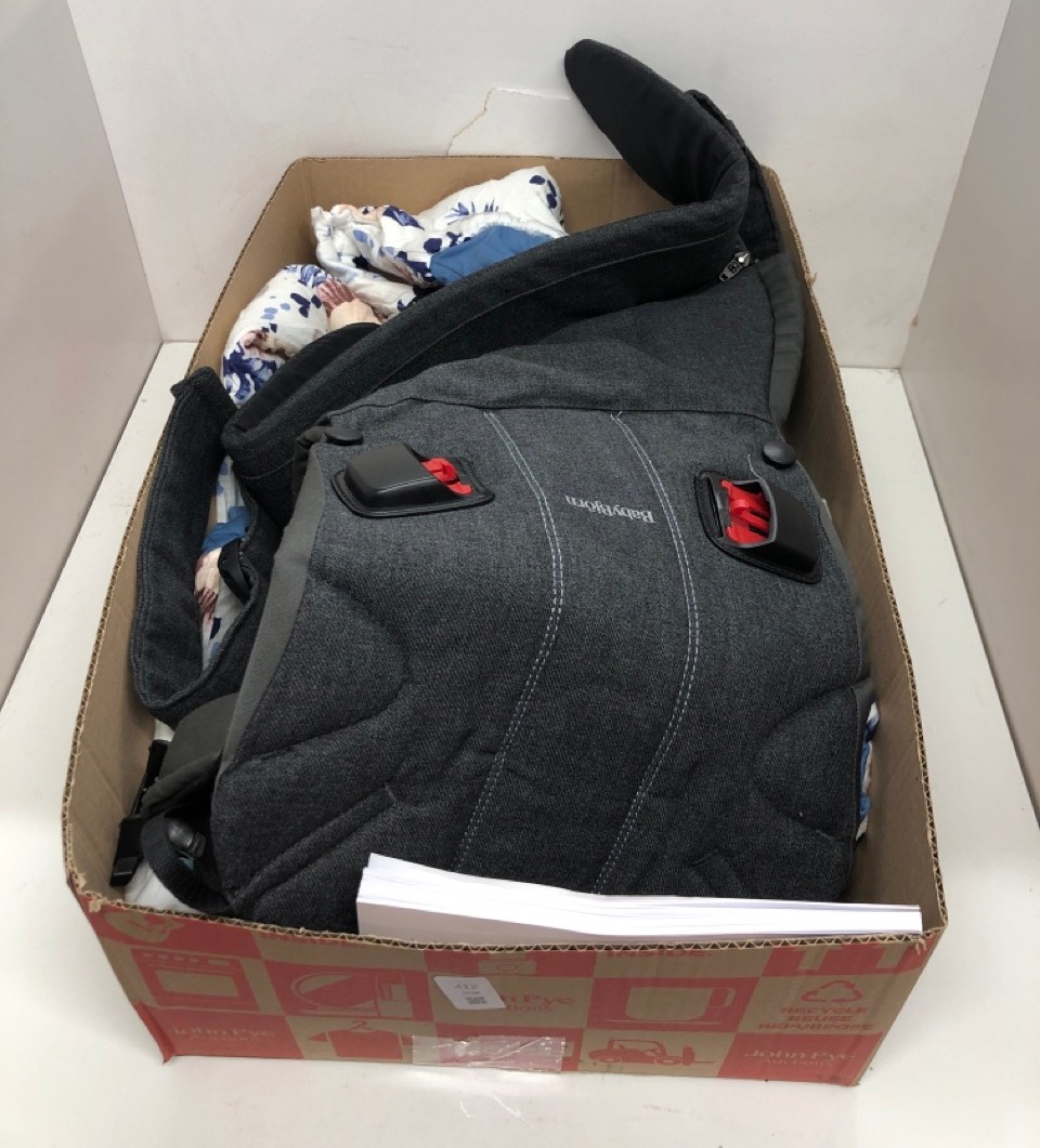Lot 412  
            Edinburgh SR24 - Delivery Only 

                
1 X BOX OF BABY ITEMS TO INCLUDE GREY BABYBJORN: LOCATION - F RACK