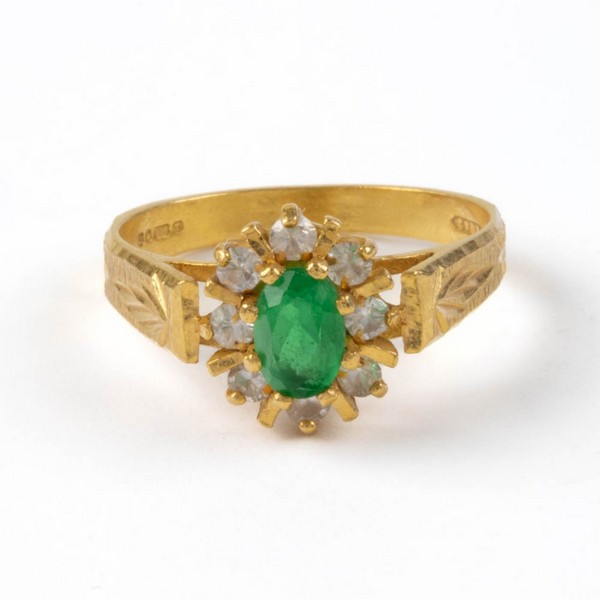 Lot 110  
            Nottingham Luxury Room - Delivery Only 

                
22ct Yellow Gold Green and Clear Stone Flower Ring, Size N, 4.1g.  Auction Guide:...
