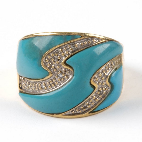 Lot 111  
            Nottingham Luxury Room - Delivery Only 

                
14K Yellow Turquoise Enamel and Clear Stones Ring, Size Q½, 9.9g.  Auction Guide:...