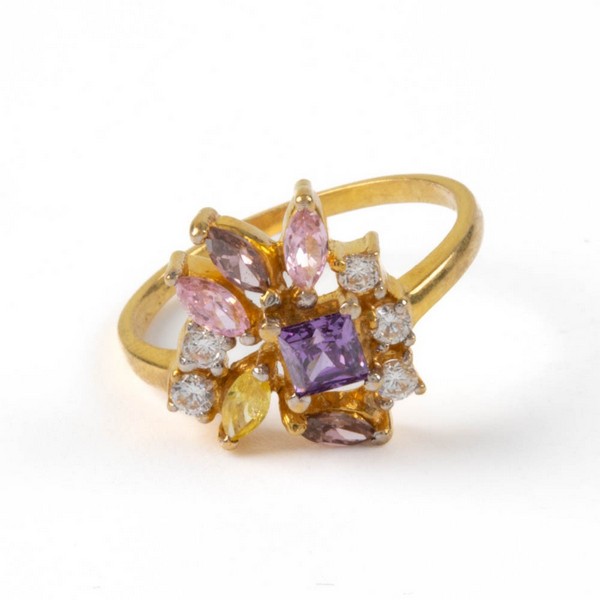 Lot 115  
            Nottingham Luxury Room - Delivery Only 

                
22K Coloured and Clear Stones Ring, Size K½, 3.2g.  Auction Guide: £200-£300 (VAT...