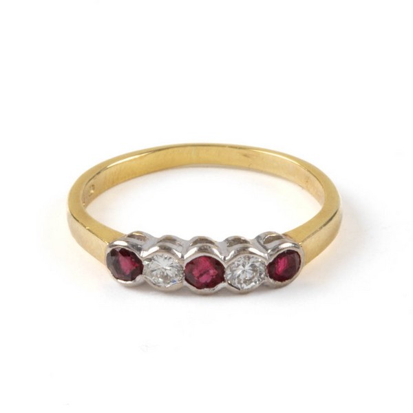 Lot 119  
            Nottingham Luxury Room - Delivery Only 

                
18ct Yellow Gold Red Stone and Diamond Band Ring, Size M, 2.3g.  Auction Guide: £...