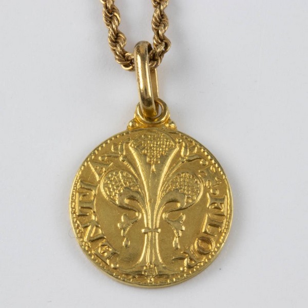 Lot 126  
            Nottingham Luxury Room - Delivery Only 

                
14K Yellow Chain, 46cm, 4.2g. 18K Religious Pendant, 1.5cm, 2.6g.  Auction Guide:...