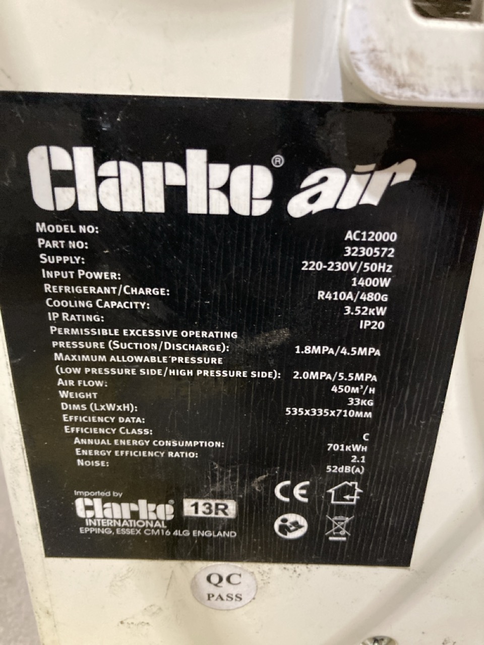 Lot 109  
            Birmingham - Collection Only 

                
CLARKE AIR AC12000 AIR CONDITIONING UNIT - Image 4
