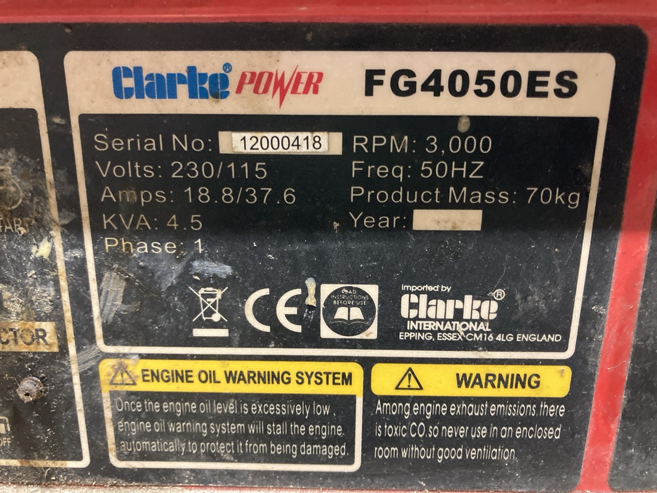 Lot 128  
            Birmingham - Collection Only 

                
CLARKE FG4050ES 4.5KVA PORTABLE PETROL GENERATOR S/N 12000418