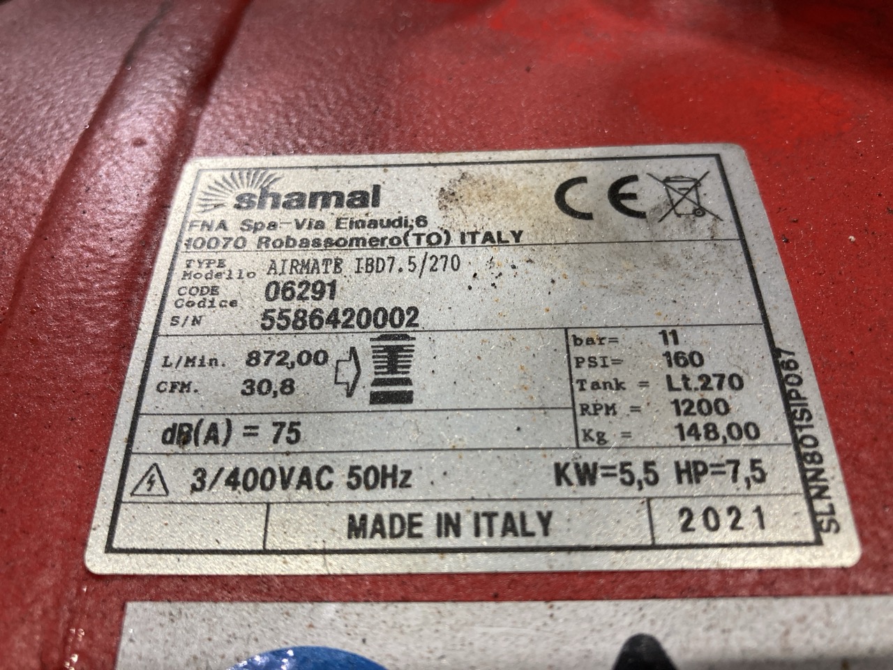 Lot 54  
            Birmingham - Collection Only 

                
2021 SHAMAL 10 AIRMATE IBD7.5/270 AIR COMPRESSOR