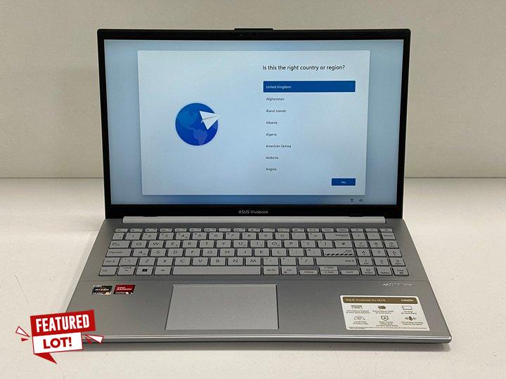 Lot 171  
            Marchington - Parcel Delivery Only 

                
ASUS VIVOBOOK GO 15 512GB LAPTOP: MODEL NO E1504FAF (WITH CHARGER CABLE). AMD RYZ...