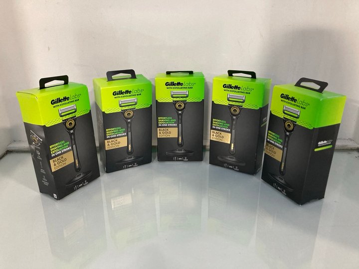 Lot 107  
            Marchington SR13 - Parcel Delivery Only 

                
5 X GILLETTE LABS WITH EXFOLIATING BAR BLACK & GOLD EDITION RAZORS - COMBINED RRP...