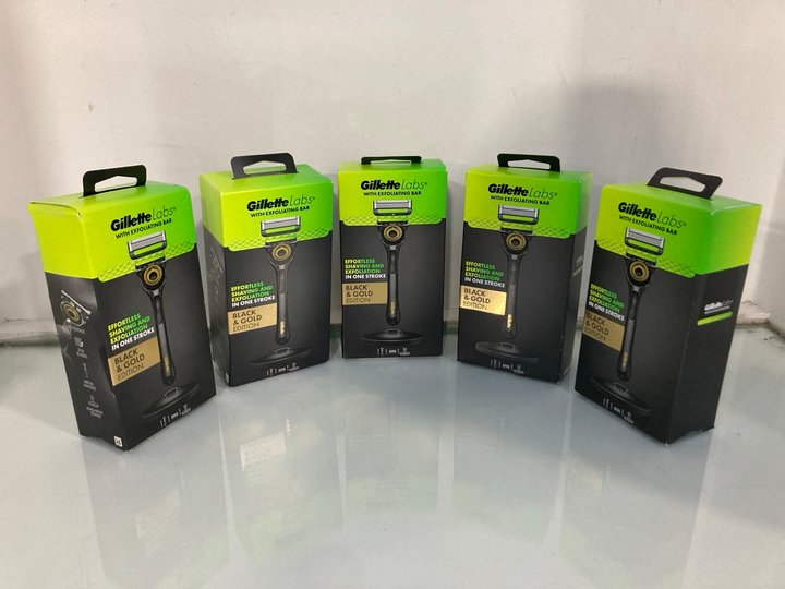 Lot 108  
            Marchington SR13 - Parcel Delivery Only 

                
5 X GILLETTE LABS WITH EXFOLIATING BAR BLACK & GOLD EDITION RAZORS - COMBINED RRP...