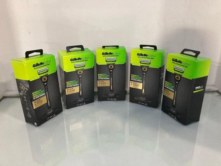 Lot 109  
            Marchington SR13 - Parcel Delivery Only 

                
5 X GILLETTE LABS WITH EXFOLIATING BAR BLACK & GOLD EDITION RAZORS - COMBINED RRP...