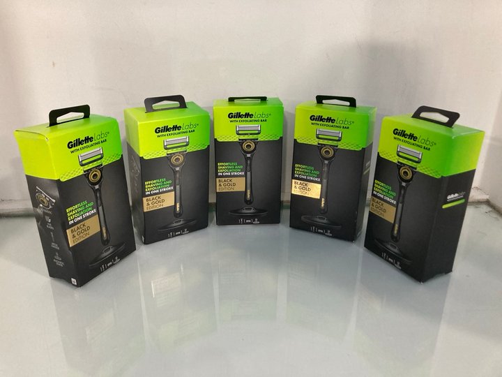 Lot 111  
            Marchington SR13 - Parcel Delivery Only 

                
5 X GILLETTE LABS WITH EXFOLIATING BAR BLACK & GOLD EDITION RAZORS - COMBINED RRP...