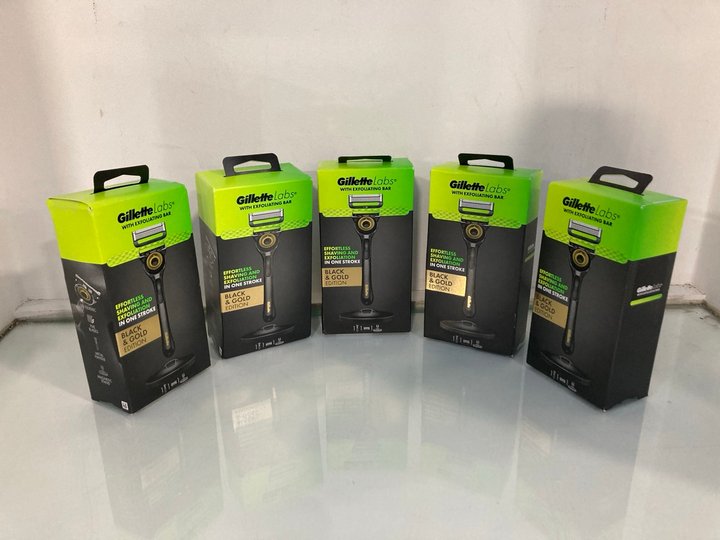 Lot 112  
            Marchington SR13 - Parcel Delivery Only 

                
5 X GILLETTE LABS WITH EXFOLIATING BAR BLACK & GOLD EDITION RAZORS - COMBINED RRP...