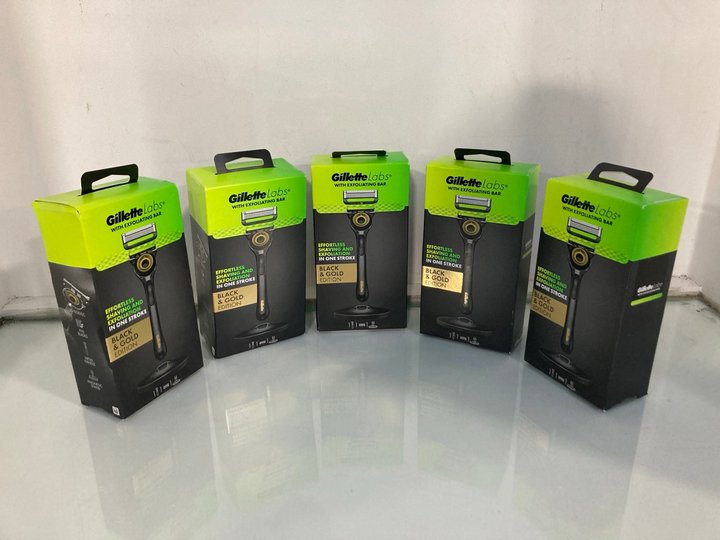 Lot 113  
            Marchington SR13 - Parcel Delivery Only 

                
5 X GILLETTE LABS WITH EXFOLIATING BAR BLACK & GOLD EDITION RAZORS - COMBINED RRP...