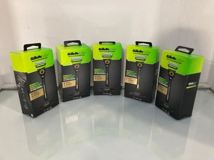 Lot 114  
            Marchington SR13 - Parcel Delivery Only 

                
5 X GILLETTE LABS WITH EXFOLIATING BAR BLACK & GOLD EDITION RAZORS - COMBINED RRP...