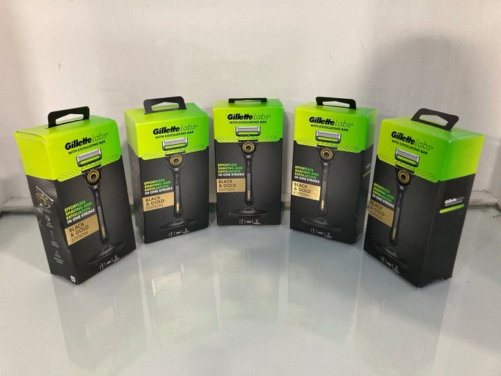 Lot 115  
            Marchington SR13 - Parcel Delivery Only 

                
5 X GILLETTE LABS WITH EXFOLIATING BAR BLACK & GOLD EDITION RAZORS - COMBINED RRP...