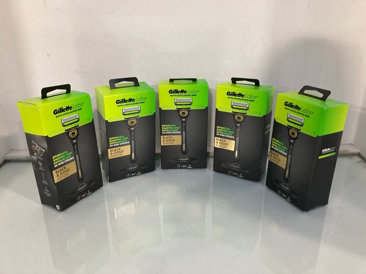 Lot 116  
            Marchington SR13 - Parcel Delivery Only 

                
5 X GILLETTE LABS WITH EXFOLIATING BAR BLACK & GOLD EDITION RAZORS - COMBINED RRP...