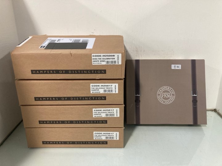 Lot 163  
            Marchington SR13 - Parcel Delivery Only 

                
5 X HAMPERS OF DISTINCTION FOOD HAMPERS TO INCLUDE LILY O'BRIENS CREAMY CARAMEL &...