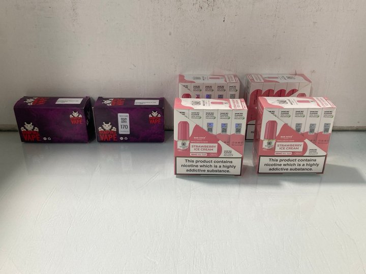 Lot 170  
            Marchington SR13 - Parcel Delivery Only 

                
4 X PACKS OF BAR JUICE 5000 REFILLABLE E-LIQUID NIC SALTS IN STRAWBERRY & ICE CRE...
