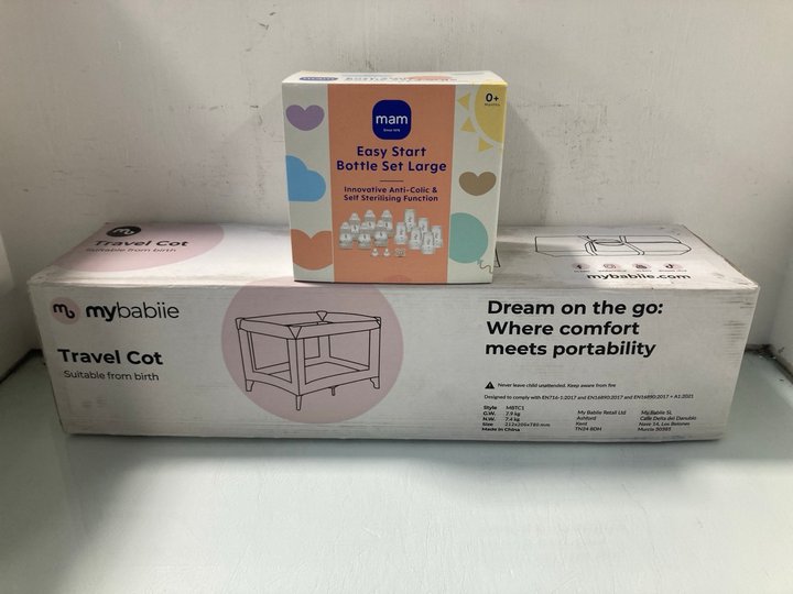 Lot 172  
            Marchington SR13 - Parcel Delivery Only 

                
MY BABIIE TRAVEL COT TO INCLUDE MAM EASY START BOTTLE SET WITH INNOVATIVE ANTI-CO...
