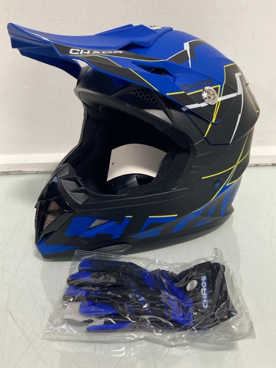 Lot 251  
            Marchington SR13 - Parcel Delivery Only 

                
CHAOS MOTOCROSS CHILDRENS HELMET IN BLUE CS1 - SIZE: YL: LOCATION - H15