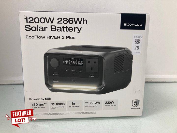 Lot 28  
            Marchington SR13 - Parcel Delivery Only 

                
ECOFLOW RIVER 3 PLUS 1200W 286WH SOLAR BATTERY (SEALED)-ORIGINAL RRP £302.00: LOC...