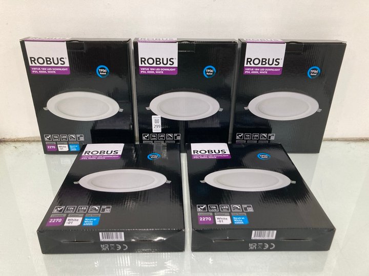 Lot 299  
            Marchington SR13 - Parcel Delivery Only 

                
5 X ROBUS VIRTUE 18W LED DOWNLIGHT IP54, 4000K, WHITE - COMBINED RRP: £203.65: LO...