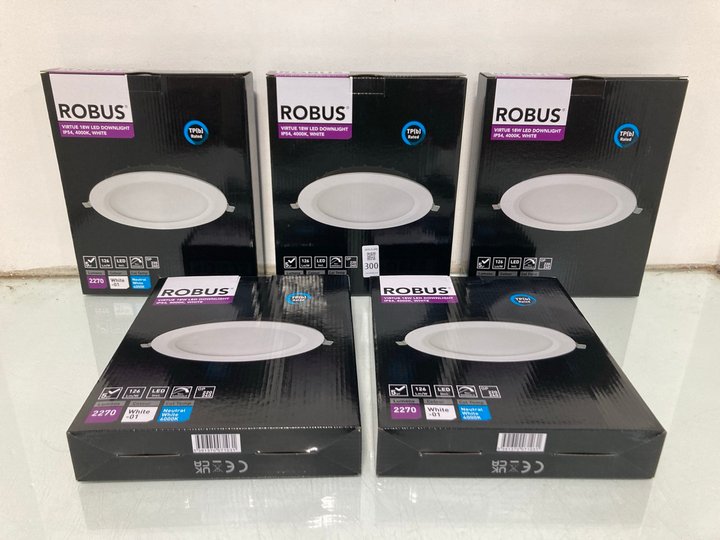 Lot 300  
            Marchington SR13 - Parcel Delivery Only 

                
5 X ROBUS VIRTUE 18W LED DOWNLIGHT IP54, 4000K, WHITE - COMBINED RRP: £203.65: LO...