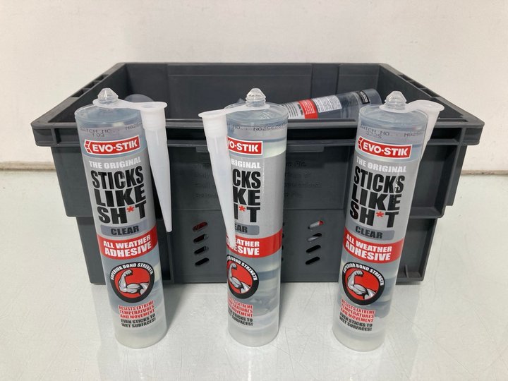 Lot 327  
            Marchington SR13 - Parcel Delivery Only 

                
QTY OF EVO-STIK THE ORIGINAL STICKS LIKE S**T CLEAR ALL WEATHER ADHESIVE 290ML (1...